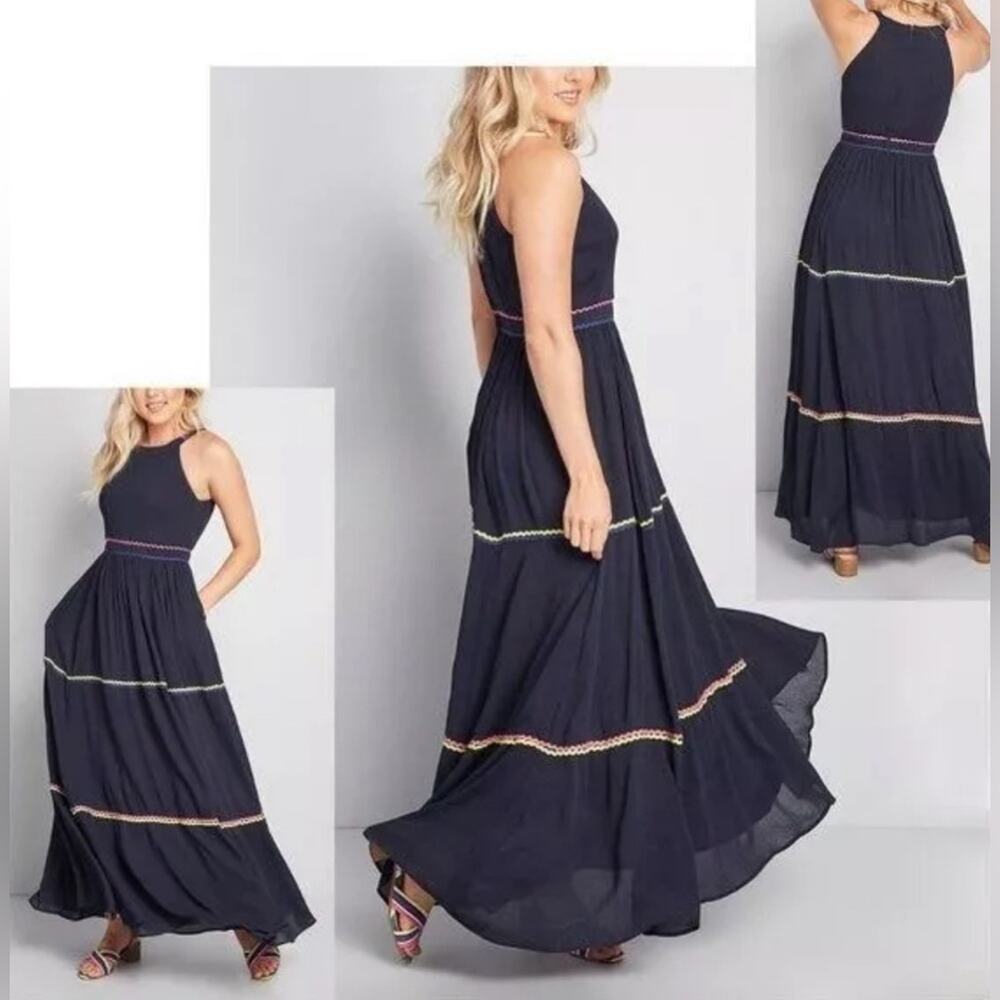 Modcloth Women's Size 2 XS Yes‎ to Festive Maxi Dress Navy Gauze RicRac Tiered - Picture 4 of 16